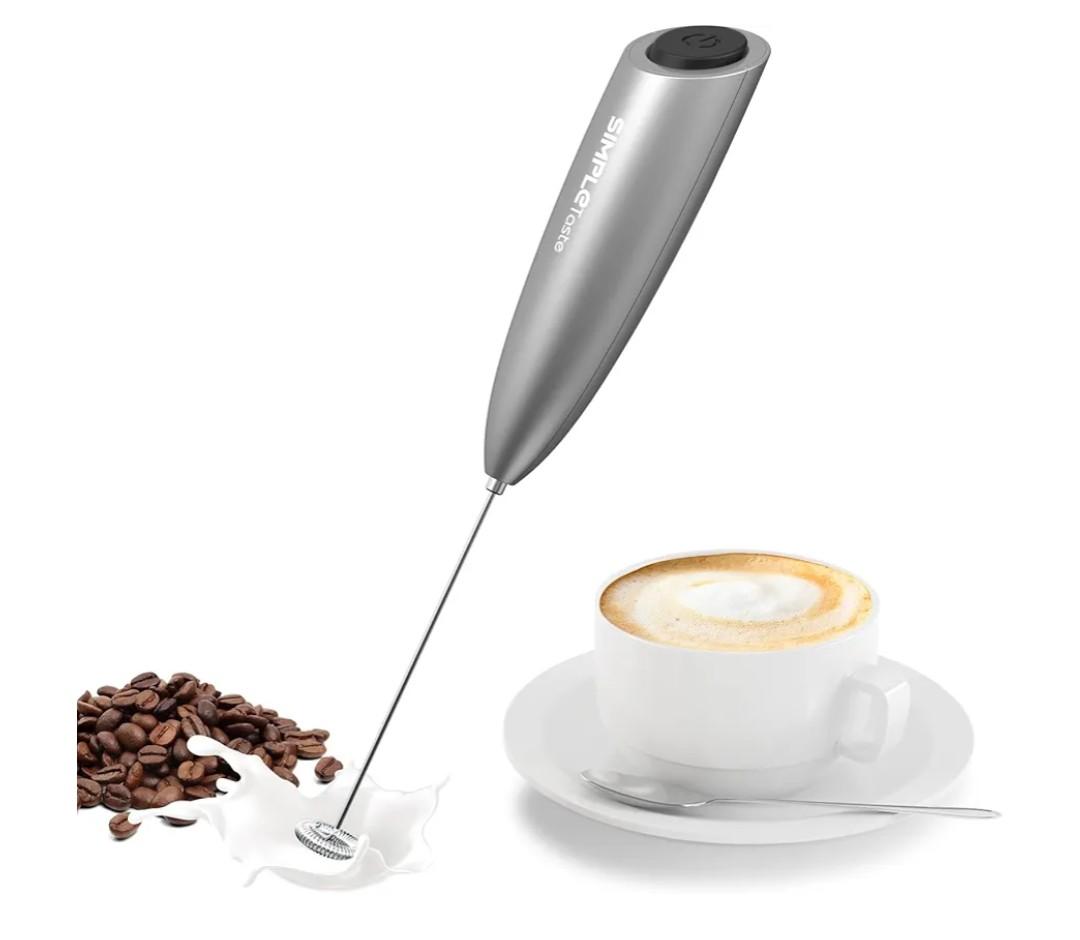 SIMPLETASTE Milk Frother Handheld Electric Foam Maker, Drink Mixer with Stainless Steel Whisk for Cappuccino, Bulletproof Coffee, Latte, Silver, without Stand, Battery Operated