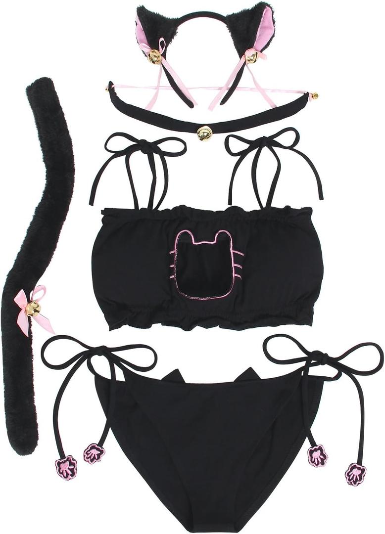JustinCostume Women's Cosplay Lingerie Set Kitty Keyhole Cute Hot Outfit S Black