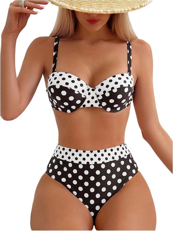 SweatyRocks Women's Polka Dots 2 Piece Bikini Set Color Block High Waisted Thong Bathing Suit Swimwear, Large