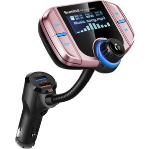 Sumind 2026 Upgraded Wireless Bluetooth Car Adapter FM Transmitter, 1.7'' LCD Display, Flexible Gooseneck, 20W QC3.0&Dual USB Ports, AUX Input/Output for Hands-Free Call, Micro/TF Card(Rose,Normal)