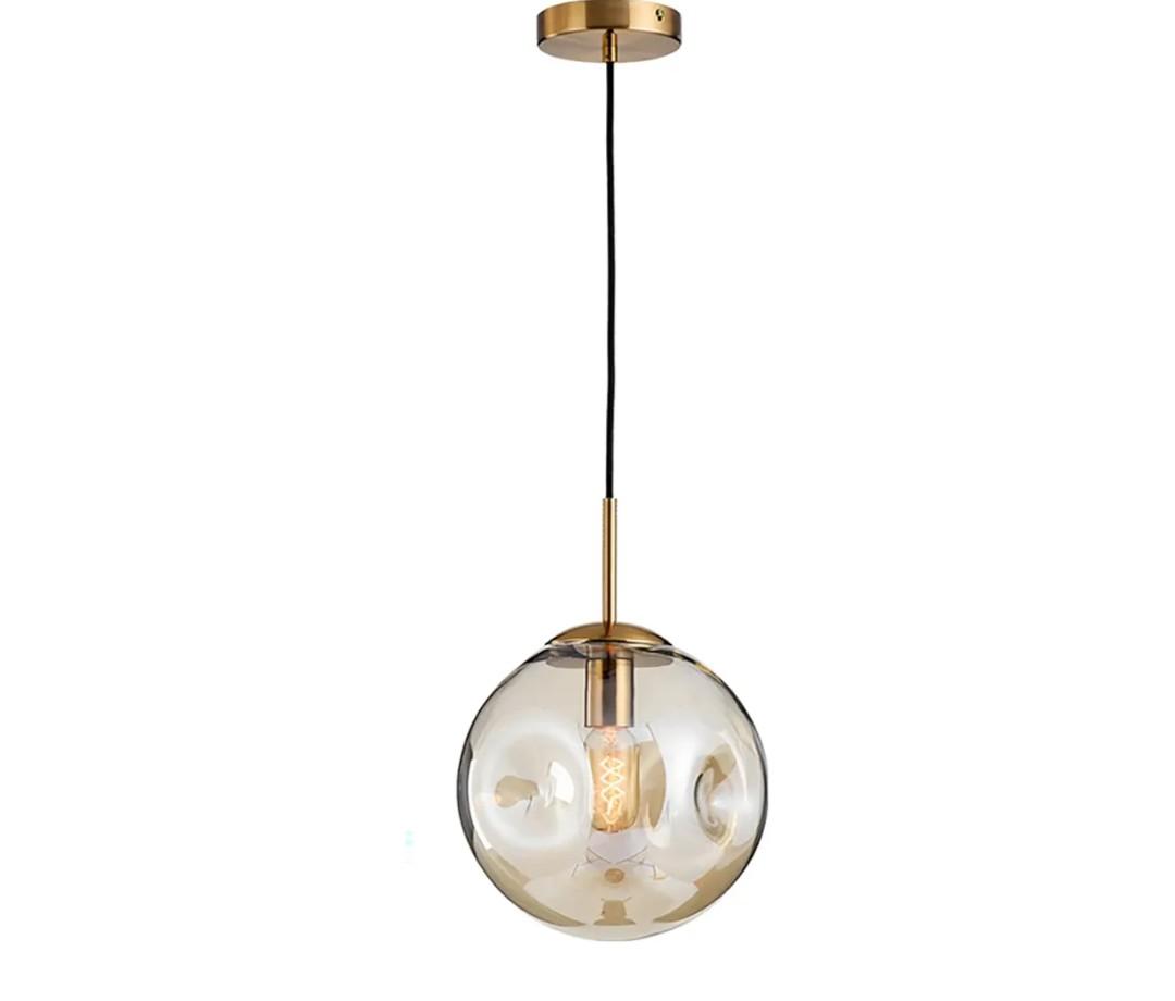 Amber Glass Globe Pendant Light Fixtures 7.8 Inch Modern Concave Glass Ball with Brass Finish Pedant Hanging Lamp(Amber)