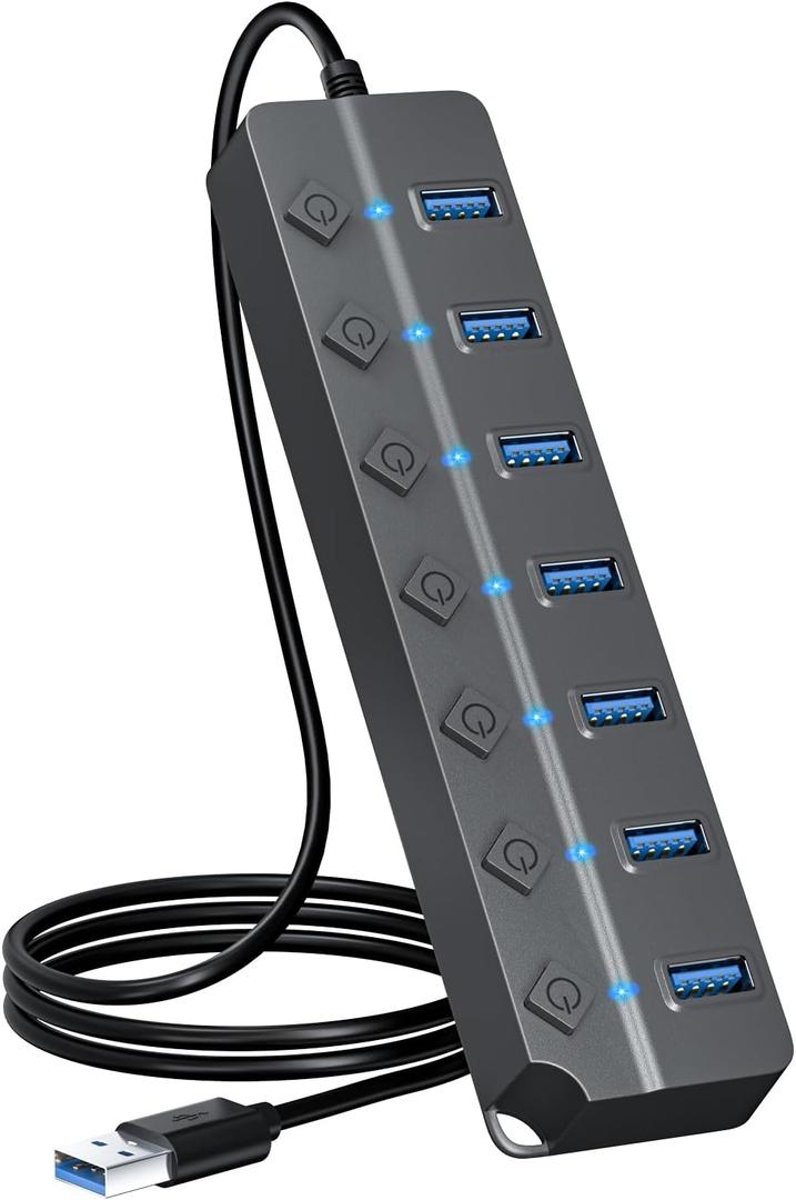USB Hub 3.0, 7-Port USB Hub Splitter with Individual On/Off Switches and Lights, 3.2ft/1m Long Cable Compatible with MacBook, Laptop, Surface Pro, PS4, PC, Flash Drive, Mobile HDD-Gray