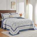 Oversized King Bedspread 120"x120" - 100% Cotton Lightweight All-Season Quilted Coverlet with Vine Floral Design - Elegant Farmhouse & Modern Bedding - California King Quilt Blue/White