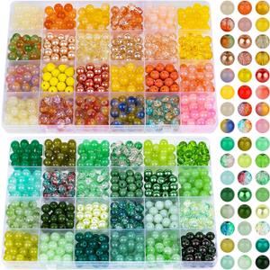 XSEINO About 1200PCS 8mm Glass Beads Bracelet Making Kit48 Assorted Yellow and Green Series Colorful Crystal Beads for Making and DIY Crafts