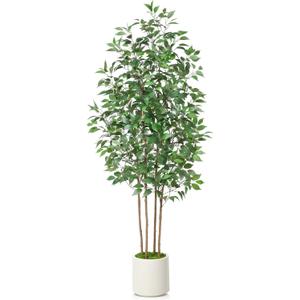 SOGUYI Ficus Artificial Tree 7ft Fake Silk Plant for Home Decor Indoor, Faux Tree in White Imitation Ceramic Planter Fake Floor Plant for Living Room and Home Office Corner Indoor Decor, Set of 1