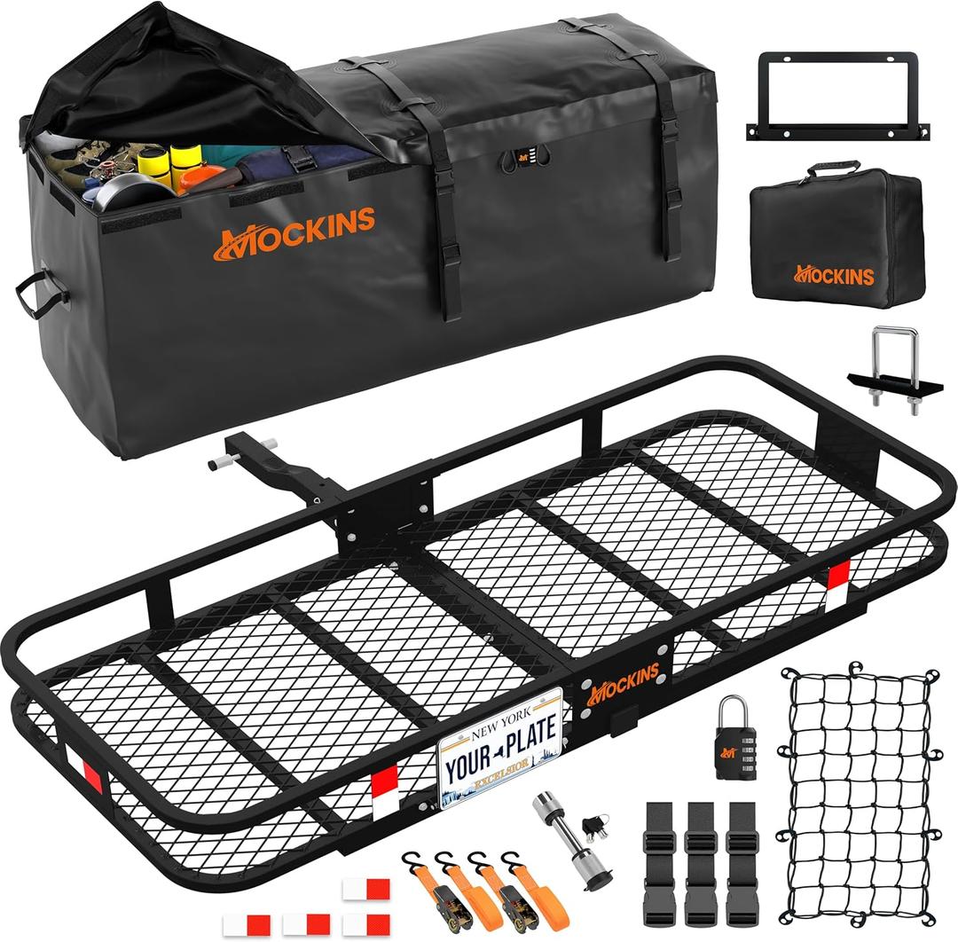 Mockins Folding Luggage Rack for SUV Car Truck ATV & More | 500 lb. Capacity Steel Trailer Hitch Cargo Carrier 60"x20"x6" w/ 16 Cu Ft Waterproof Cargo Bag for Hitch Carrier & Cargo Trailer Accessories