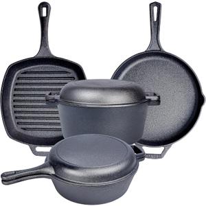 Pre Seasoned 6 pcs Pots and Pans Set - Bruntmor Double Dutch Oven Crockpot - Cooking Set - Cast Iron Skillets and Square Grill Pan with Lid - Outdoor Camping Cookware - Kitchen Accessories