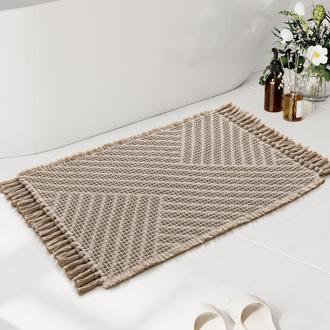 H.VERSAILTEX Waffle Bath Mat Super Absorbent Boho Bath Mat Non Slip Bath Rugs for Bathroom Floor Machine Washable Dry Fast Bathroom Rugs with Handmade Tassels, 20" x 32", Irish Cream