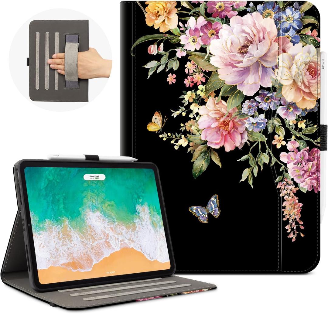 Vimorco iPad Air M4/M3/M2 11 Inch Case 2026/2025/2024 Pink Flower, iPad Air 5th/4th Gen Cases 10.9-inch, iPad Pro 11 Inch Case 4th/3rd/2nd/1st Generation Pencil Holder/Hand Strap/Pocket, Butterfly