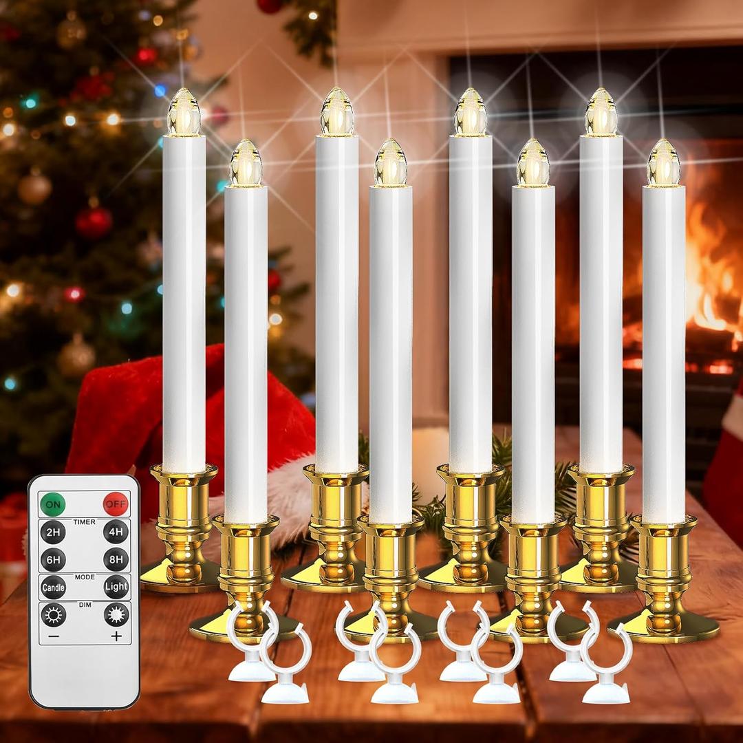 Christmas Window Candles, 8pcs Christmas Flameless Taper Candles Battery Operated with Remote & Timer, Candlestick, Suction Cups for Christma/Home/Wedding VNRFEIU
