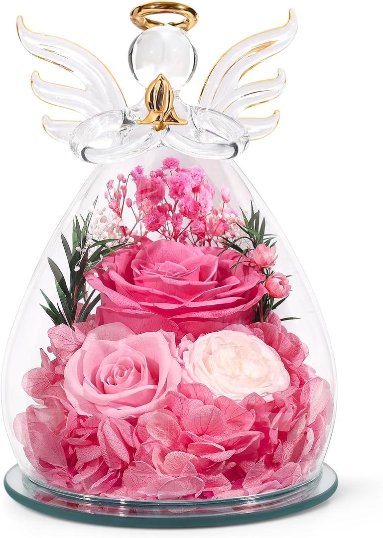 Gifts for Women Preserved Rose Forever Flower in Glass Angel Figurines Fresh Flowers for Delivery Prime Mothers Day Birthday Gifts for Mom Real Pink Roses for Grandma Sister Wife Her from Daughter (Pink (Rose, Austin, Baby's Breath, Hydrangea))
