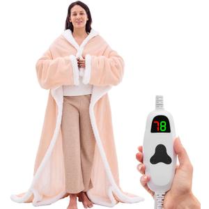 Heated Wearable Blanket Electric Snuggle - Heated Robe with Foot Pocket and Sleeves for Adult, Winter Gifts for Mom Women 5-Position Timer 10-Heating Levels,50 * 70",Pink