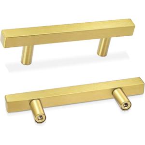 30 Pack Cabinet Pulls 5" Length Brushed Brass Drawer Handles, 3" Hole Center Square Kitchen Cabinet Handles, Stainless Steel Cabinet Hardware for Bedroom Bathroom Office (Gold)