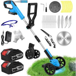 Electric Weed Wacker Cordless Eater, Battery Powered No String Grass Trimmer with 2 21V/2Ah Battery Operated&5 Types Blade&Wheels, Lightweight Weed Trimmer/Edger Lawn Tool/Brush Cutter for Garden Yard