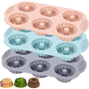 Jello Molds 3pcs Silicone Fluted Tube Cake Pans, 6 Cavity Heritage Bundtlette Cake Silicone Mold for Baking Non Stick Fancy Molds (Pink+Blue+Gray, Fluted Tube)