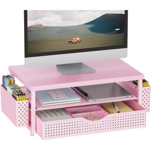gianotter Wood Monitor Stand Riser, Desk Organizer with Drawer and 2 Pen Holders, 2-Tier Workspace Organizer for Office Supplies(Pink Wood)