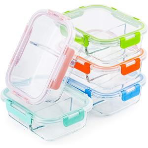 CREST Glass Meal Prep Containers 2 Compartment Set, 5-Pack, 34oz, Divided Bento Lunch Boxes with Lids for Adults