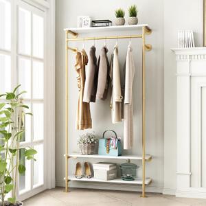 Gold Wall Clothing Racks with White Shelves, Wall Mounted Gold Clothes Rack for Hanging RodsHeavy Duty Industrial Pipe Clothing Racks With Shelves