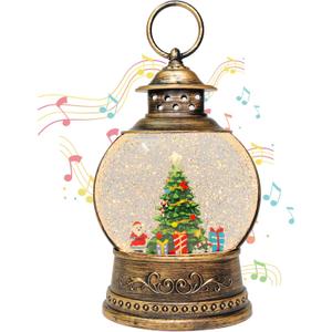 Christmas Tree Scene Snow Globes with Present Boxes, Glittering Lantern USB or Battery Powered Desktop Ornament and Christmas Decoration