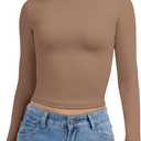 VIMPEP Women's Double Lined Long Sleeve T Shirts Crew Neck Slim Fit y2k Sexy Tops Basic Outfits for Workout Undershirts (Brown, S)