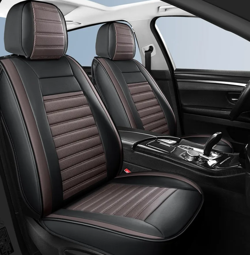 Car Seat Cover,Breathable Horizontal Stripes Faux Leather Automotive Seat Covers,Universal Auto Seat Covers for Cars Sedans SUV Pick-up Truck(Style2,2 PCS Front Seat,Black+Brown)