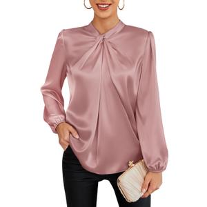 GRACE KARIN Women's Long Sleeve Satin Blouse,Mock Neck Work Silk Shirts,Dressy Tops for Business Casual Office (Large, Pink)