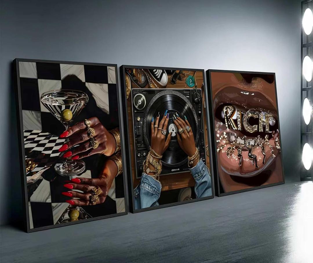 3pcs Black Woman Wall Art African American Women Dj Wall Decor Pictures Fashion Vinyl Record Posters Prints For Bedroom Living Room 12x16 Inch Unframed (12L" x 16W", Canvas)