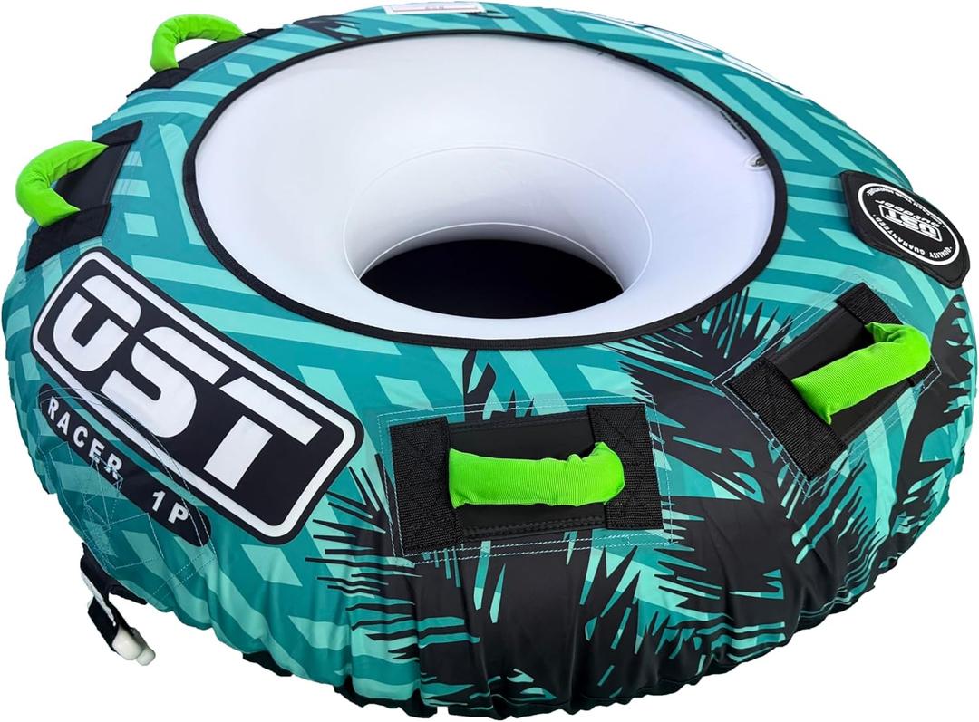 1 Person Towable Tube for Boating, Inflatable Water Tube with Heavy-Duty PVC & Nylon Cover, 4 Grip Handles, Quick Connect Tow System, Durable Water Sports Tube for Adults & Teens