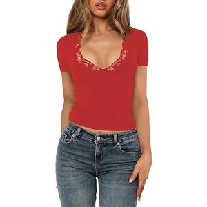 Women's Short Sleeve Sexy Lace V-Neck Summer Going Out 2025 Crop Tops Slim Fit Tees Trendy Y2k Clothing XS