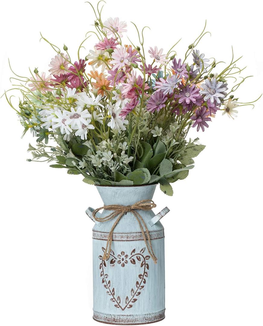 Fake Flowers in Vase,6Pcs Muticolor Daisy Flowers Artificial Arrangements with Metal Flower Vase Faux Flowers Wildflower Daisy Party Birthday Wedding Centerpiece Table Decorations Home Hecor