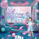 Happy Birthday Decorations For Women,Birthday Backdrop,Banner Balloons,Table Cloth,Paper pom poms Party Supplies for Girls (Mermaid)