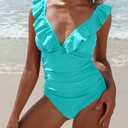 SOCIALA Women's Ruffle One Piece Swimsuits Sexy Deep V Neck Tummy Control Ruched Bathing Suit Monokini Swimwear Aqua XS (Green, S)