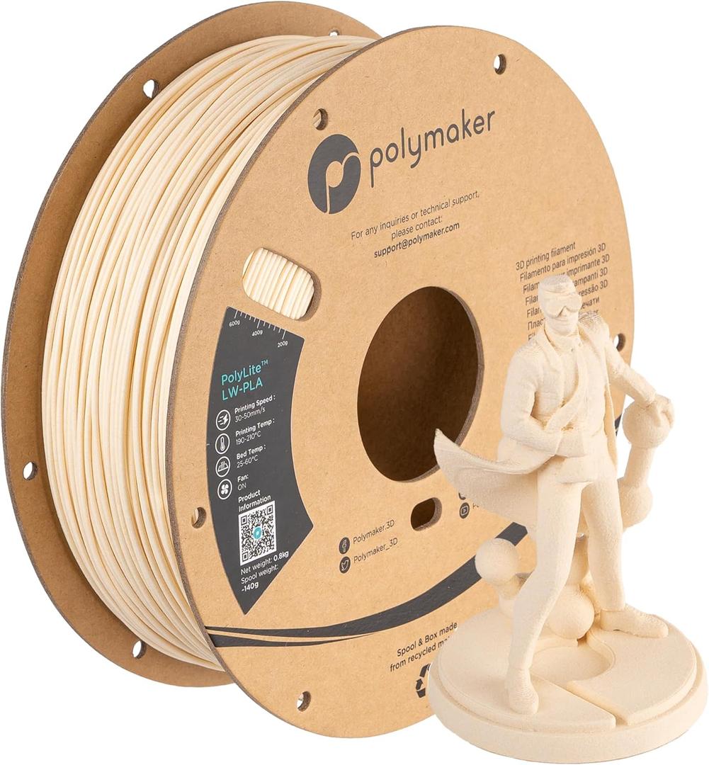 Polymaker Light Weight PLA Filament 1.75mm White 0.8kg, PolyLite 3D Printer PLA Filament White Low Density, Print with Most 3D Printers