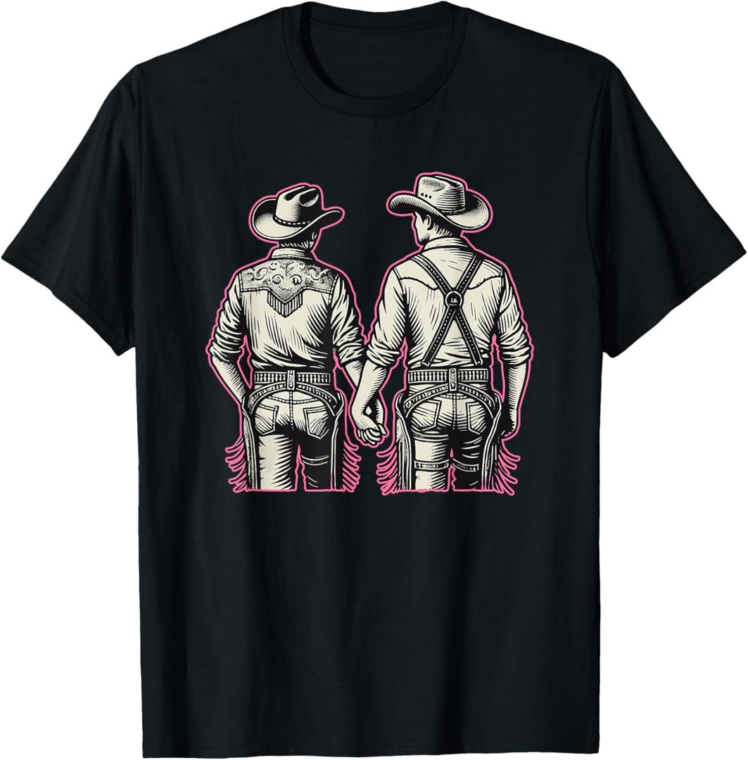 Gay Cowboy Western LGBTQIA Rodeo Holding Hands T-Shirt (Small, Black)