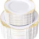 200PCS White and Gold Plastic Plates - Gold Disposable Plates - Gorgeous Wedding Plate 10inch Dinner & 7.25inch Dessert Plate for 100 Guests for Wedding & Party