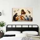Jesus Canvas Art Christ Wall Decor Framed God Surrounded By Cats Picture Christian Painting Religion Artwork for Living Room Ready to Hang - 16.00"x24.00"