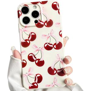NITITOP Compatible with iPhone 12 Pro Case Aesthetic Cute Bow Knot Cherry Pattern for Women Girls Trendy Bowknot Ribbon Slim Fit TPU Bumper Shockproof Full Camera Protection Cover - White