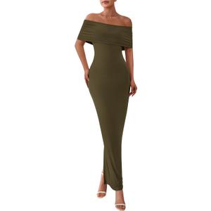 PRETTYGARDEN Women's Off The Shoulder Maxi Dresses 2025 Summer Formal Elegant Cocktail Party Wedding Guest Long Dress (Army Green)