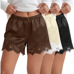 Xaatren 3 Pack Women's Lace Trim Shorts Satin Silk Lounge Shorts Micro Mini Y2k Pettipants Sleep Bottoms Half Slip Pj Pants Black, Brown, Cream XXL 