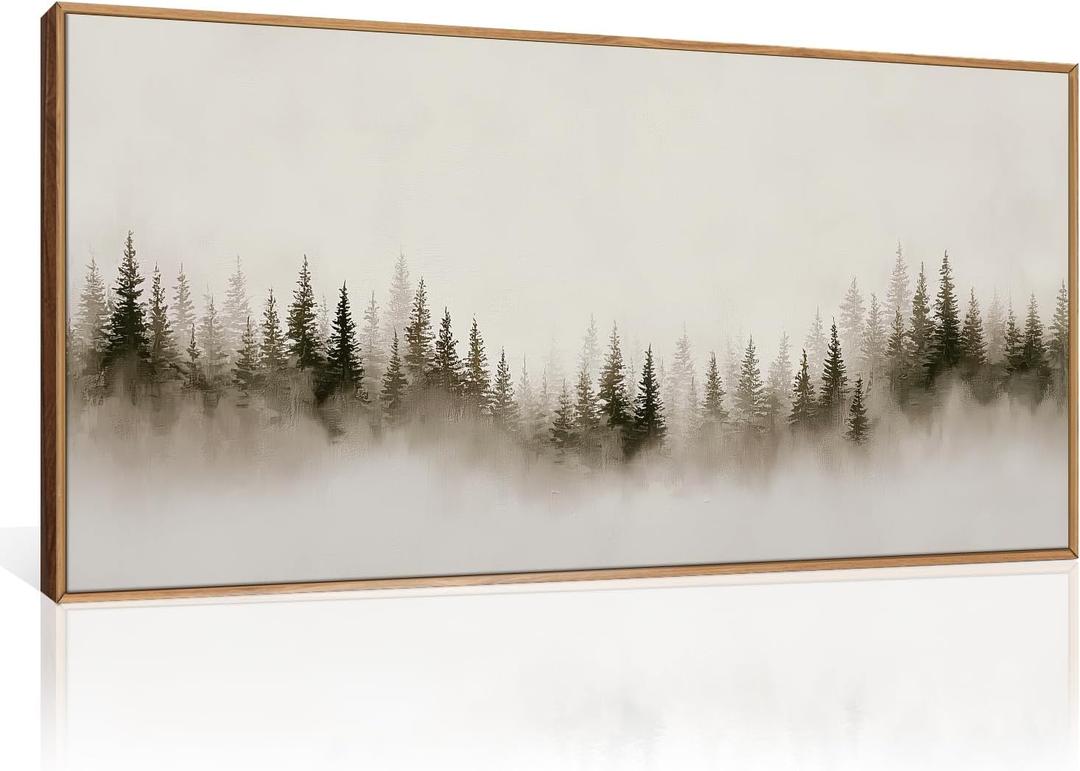 Aryroi Abstract Neutral Gray Forest Landscape Framed Canvas Wall Art Set, Watercolor Foggy Woodland Wall Decor, Modern Minimalist Misty Pine Tree Artwork for Living Room, Farmhouse, Office- 20"x40"x1