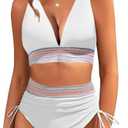 Uikue Women's Bikini Sets V Neck 2 Piece Swimsuits High Waisted Color Block Drawstring Bathing Suits Tummy Control Swimwear XL