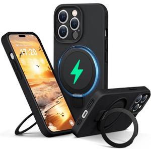 Liquid Silicone Case for iPhone 14 pro with Magnetic Ring Stand, Upgraded Camera Lens Protection, Mil-Grade Drop Shockproof, Anti-Scratch Microfiber Lining Silicone Case (Black)