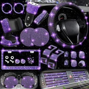 NBTEPEM 27 PCs Purple Violet Bling Car Accessories Set for Women, Steering Wheel Covers Universal Fit 15 Inch, Bling License Plate Frame, Bling Phone Holder, Bling Car Coasters