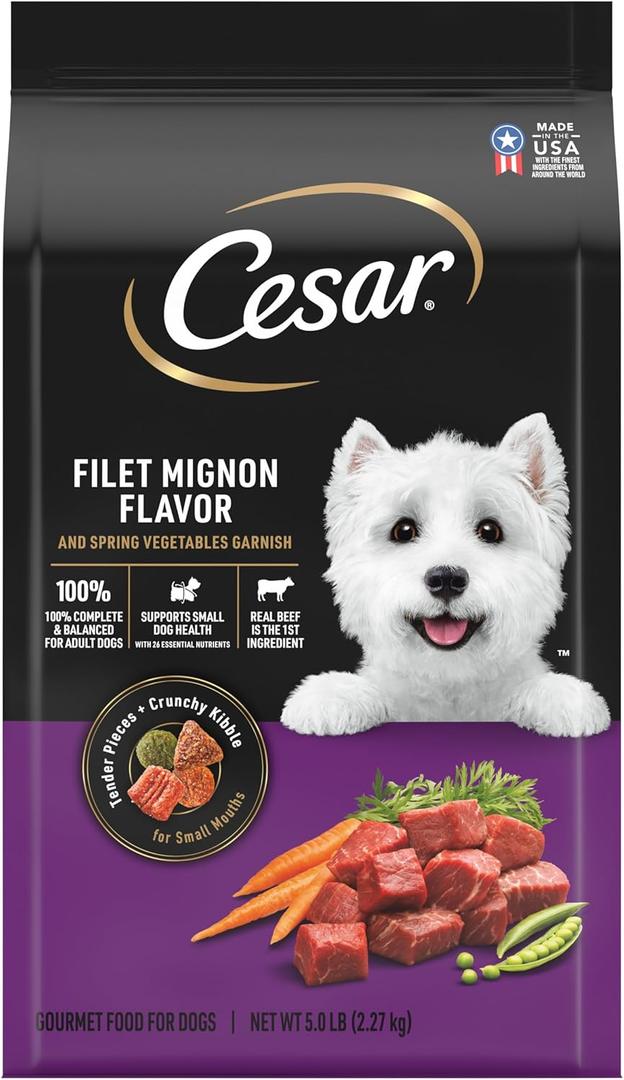 Cesar Small Breed Dry Dog Food for Small Dogs, Filet Mignon Flavor and Spring Vegetables Garnish, 5 lb Bag (5 Pound (Pack of 1))