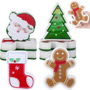 Domensi 8 Pcs Christmas Sponges Santa Christmas Tree Gingerbread Man Household Cleaning Dishwasher Sponges Non Scratch Scouring Pad for Dish