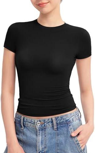 PUMIEY Women's Crew Neck Short Sleeve Tops Double Lined Slim Fit T Shirts Basic Tee Smoke Cloud Pro Collection, L, Black