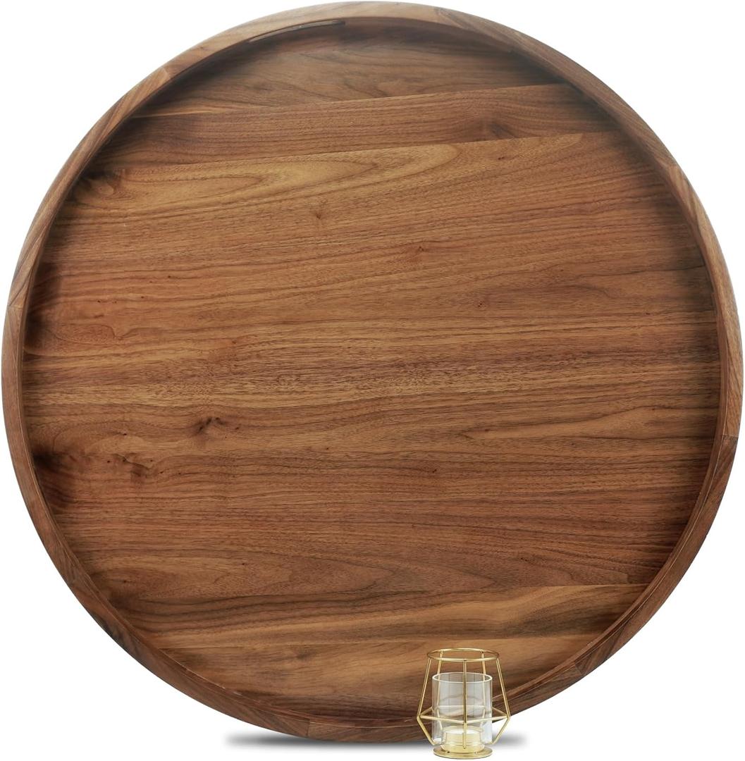 MAGIGO 30 Inches Extra Large Round Black Walnut Wood Ottoman Tray with Handles, Serve Tea, Coffee, Classic Circular Wooden Decorative Serving Tray