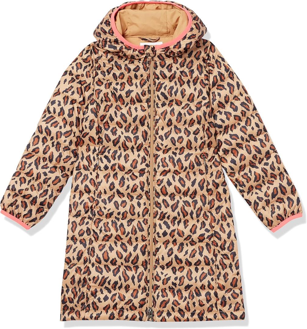 Amazon Essentials Girls and Toddlers' Long Lightweight Hooded Puffer Jacket (Small, Leopard Print)