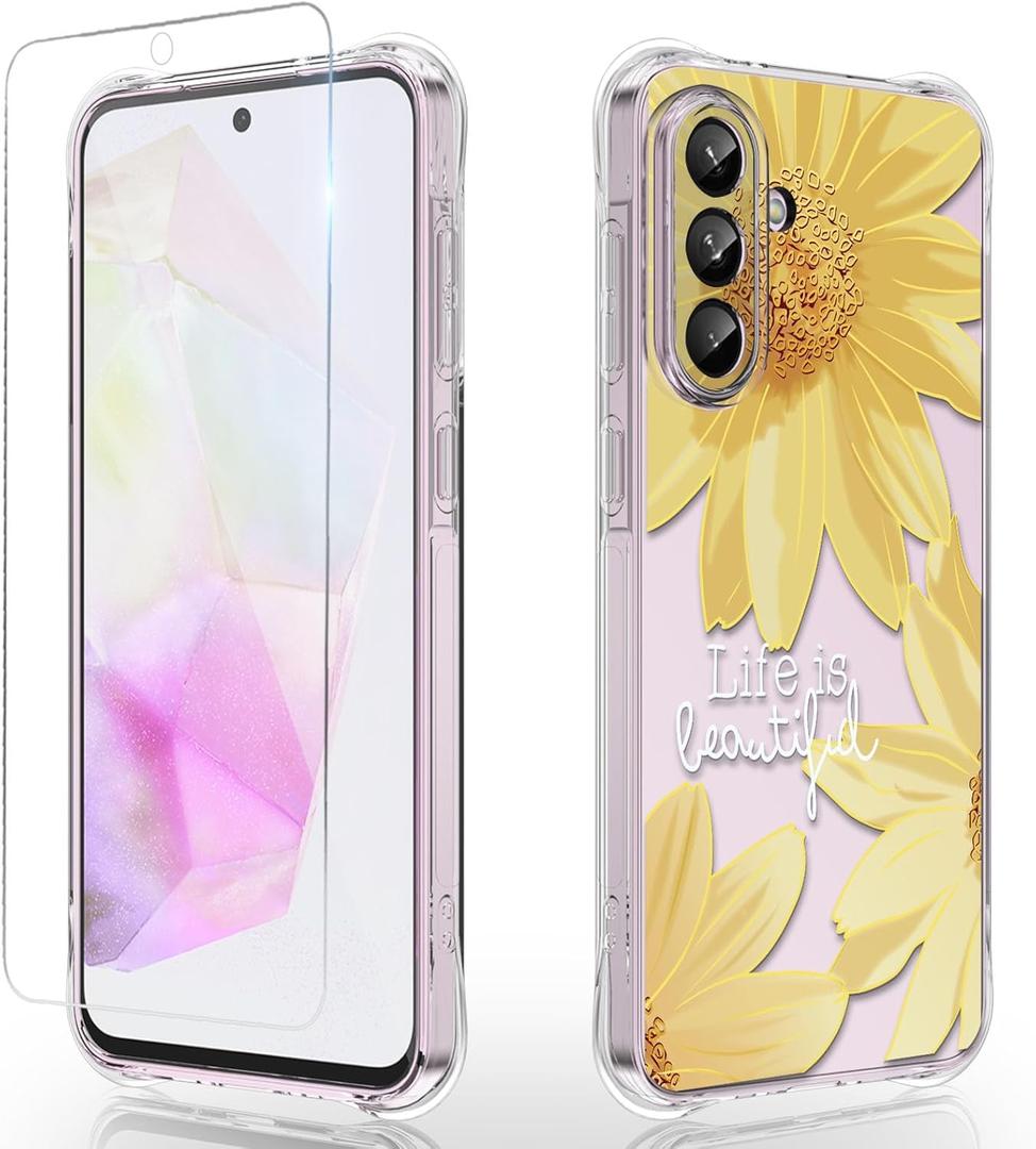 Osophter for Samsung Galaxy A56 5G Case: Women Girls Flower Floral with Screen Protector Flexible TPU Rubber Phone Cover Case for Samsung Galaxy A56(Big Sun Flower)