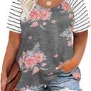 CARCOS Plus Size Tops for Women Short Sleeve Raglan Striped Tee Color Block Crewneck/V Neck Tunic Loose Fit Summer XL-5XL (XX-Large, A9s-grey)